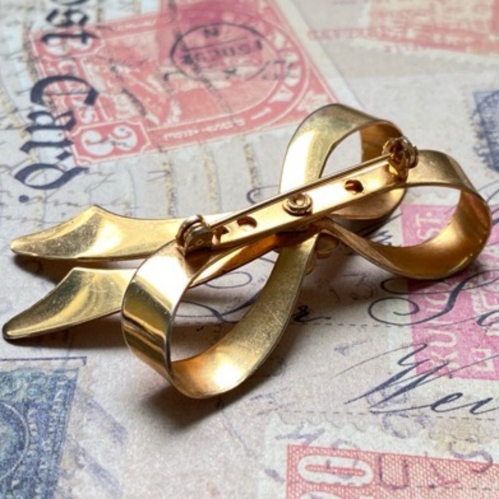 VINTAGE Brooch Bow Rhinestone Gold - Picture 4 of 5